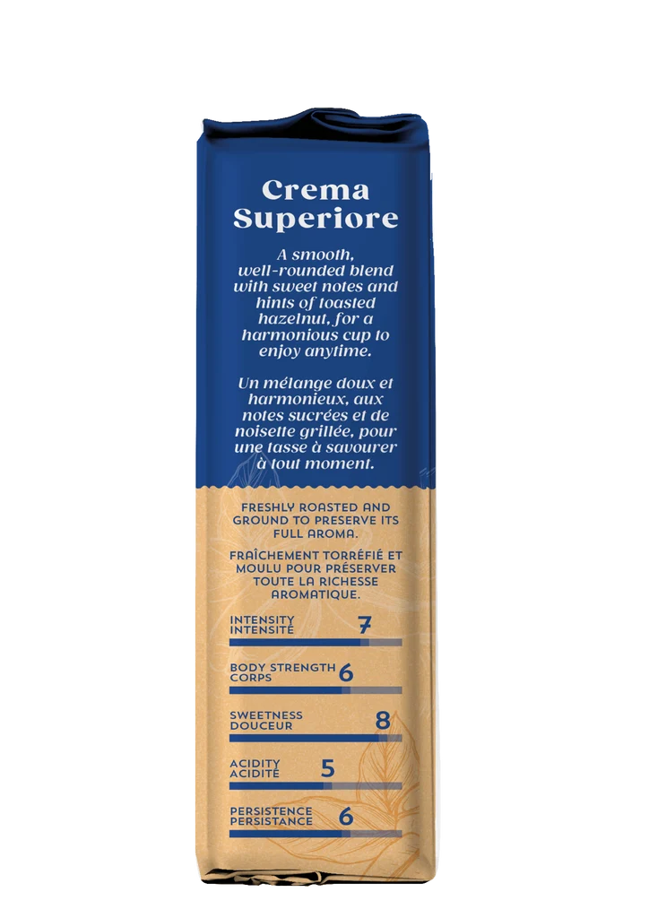 A tall, narrow cream-colored pouch of Creme Superiore coffee with a dark blue top section and white text, shown on a plain white background.
