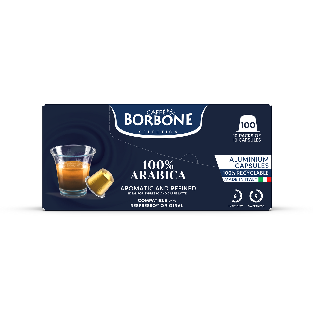 CAFFE BORBONE 100% ARABICA Blend [6/10 Intensity] - Aluminum Nespresso®* Machine Compatible Capsules - 10PK - ALUMINUM PODS