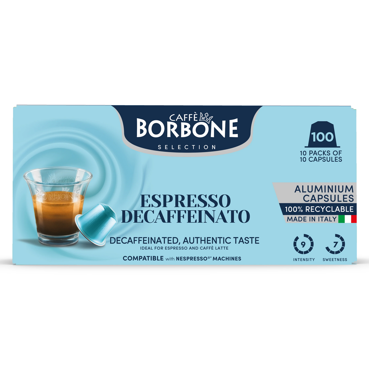 CAFFE BORBONE DECAF [6.5/10 Intensity] - Aluminum Nespresso®* Machine Compatible Capsules - 10PK - ALUMINUM PODS