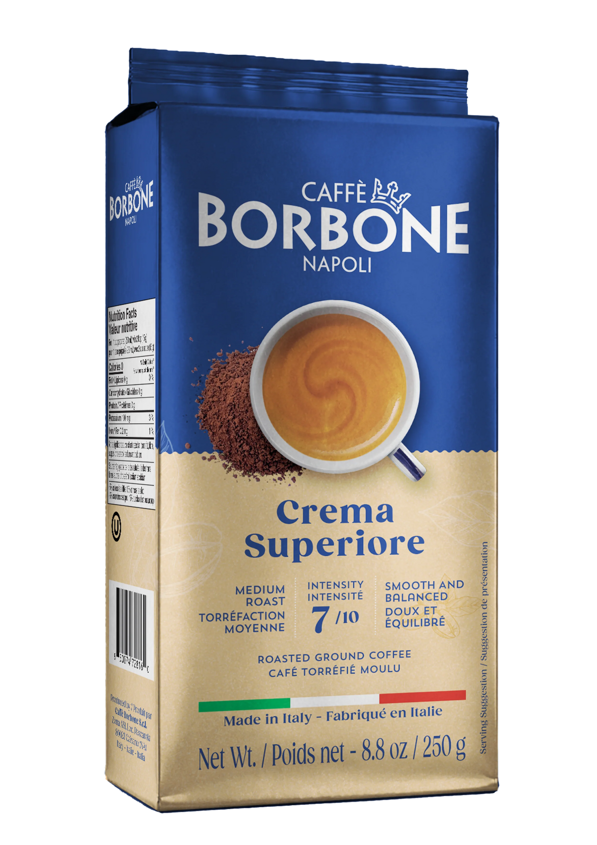 A package of Borbone Caffè Crema Superiore roasted ground coffee, shown in a blue and beige stand-up pouch with a cup of coffee graphic on the front.