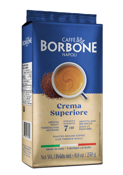 A package of Borbone Caffè Crema Superiore roasted ground coffee, shown in a blue and beige stand-up pouch with a cup of coffee graphic on the front.