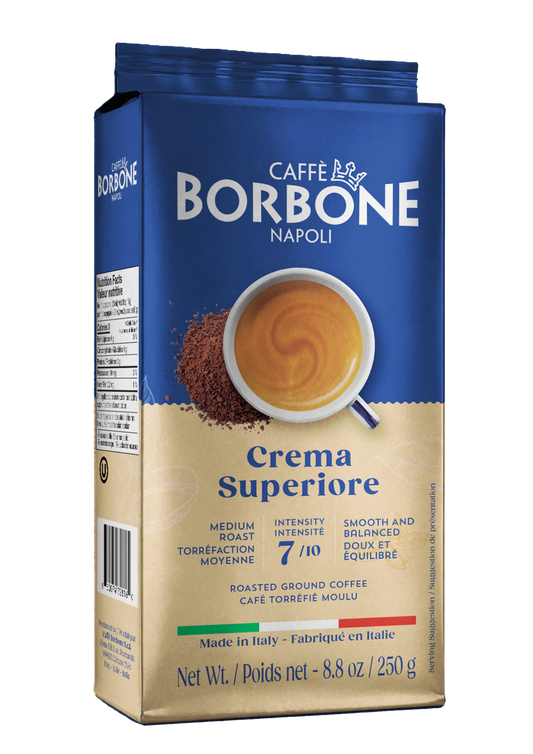 A package of Borbone Caffè Crema Superiore roasted ground coffee, shown in a blue and beige stand-up pouch with a cup of coffee graphic on the front.
