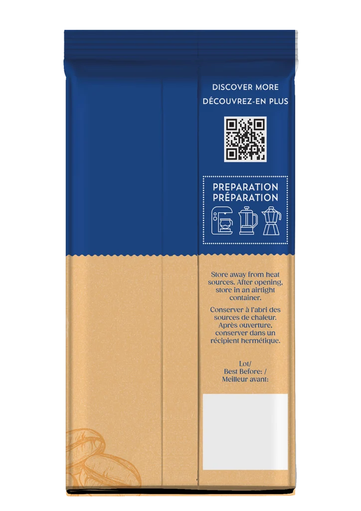 A vertical coffee bag with a blue top section and a kraft-paper style lower section, shown on a plain white background. The front includes a QR code, French text reading 'DISCOVER MORE' and 'PREPARATION PREPARATION', and a small white label area near the bottom.